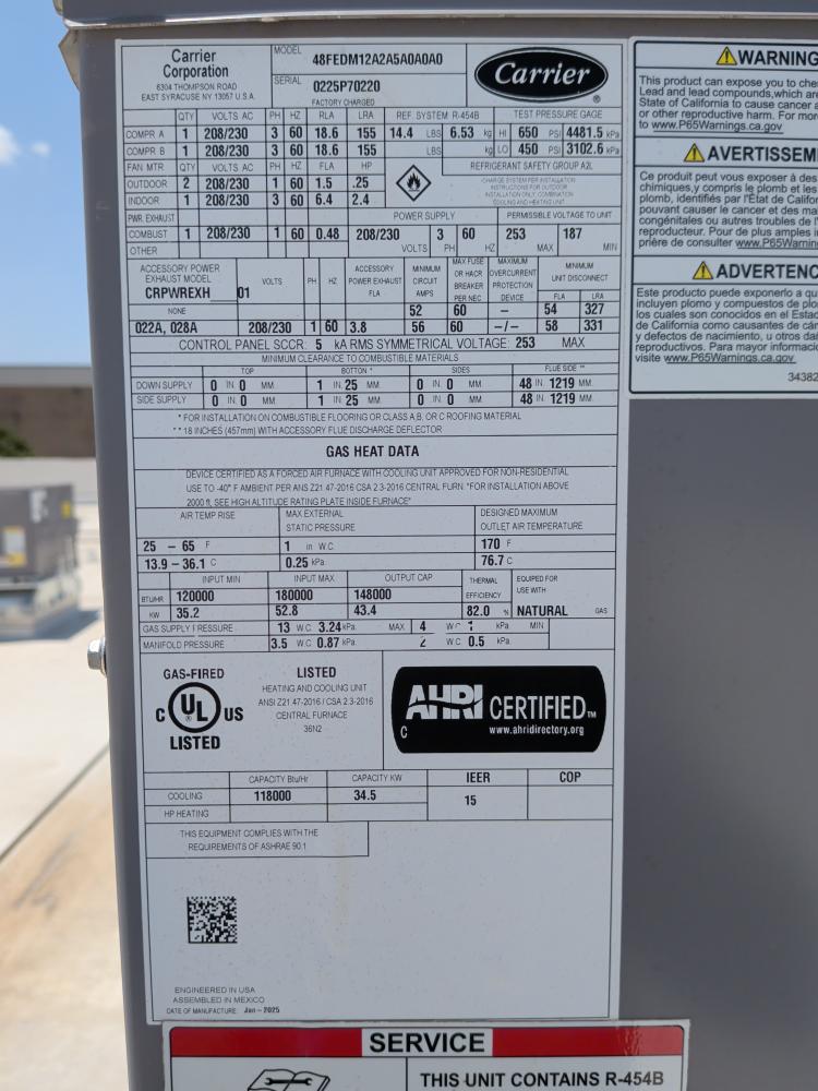 Second Carrier rooftop HVAC equipment data plate