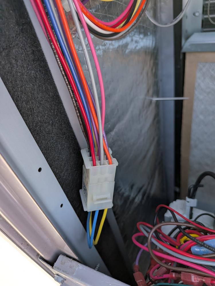 Color-coded control wiring inside Carrier rooftop unit