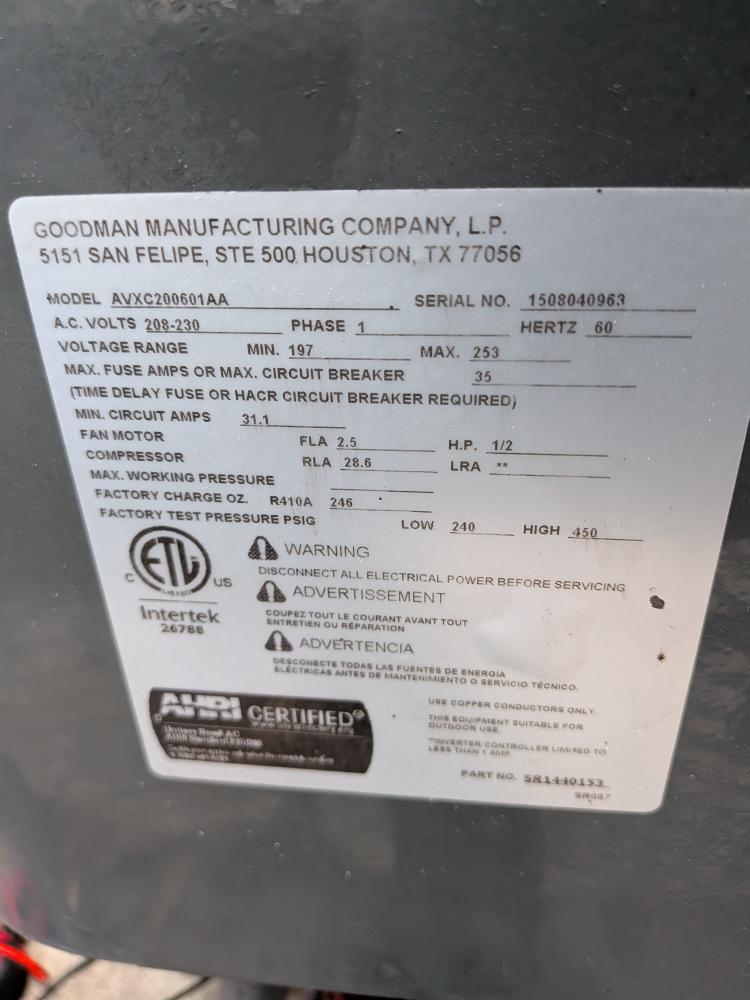 Goodman commercial indoor HVAC equipment data plate