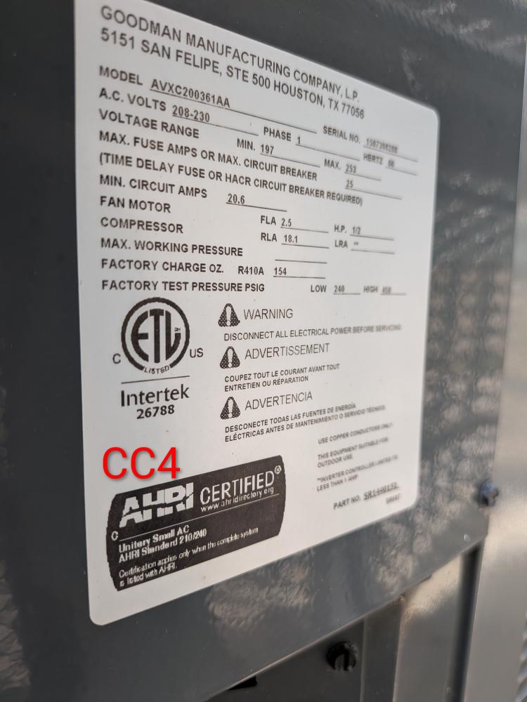 Goodman air handler specifications label during inspection