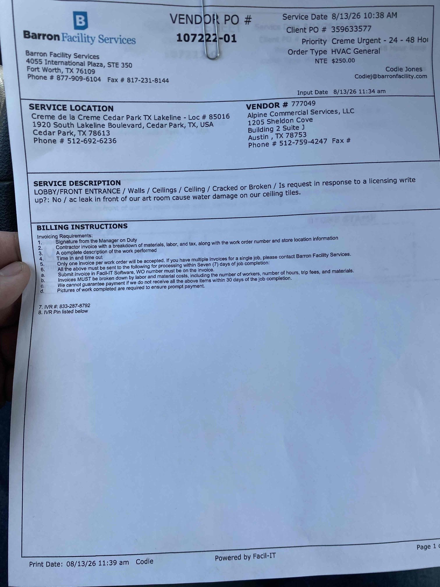 Vendor work document photographed during moisture inspection