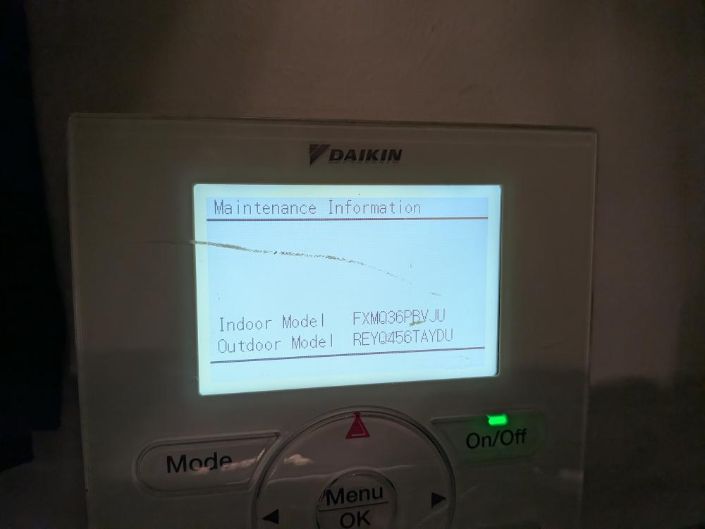 Daikin controller showing mini split system information