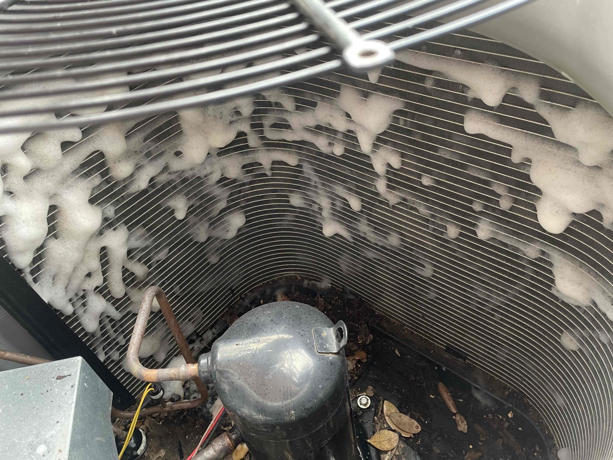 Foaming cleaner applied to residential condenser coil