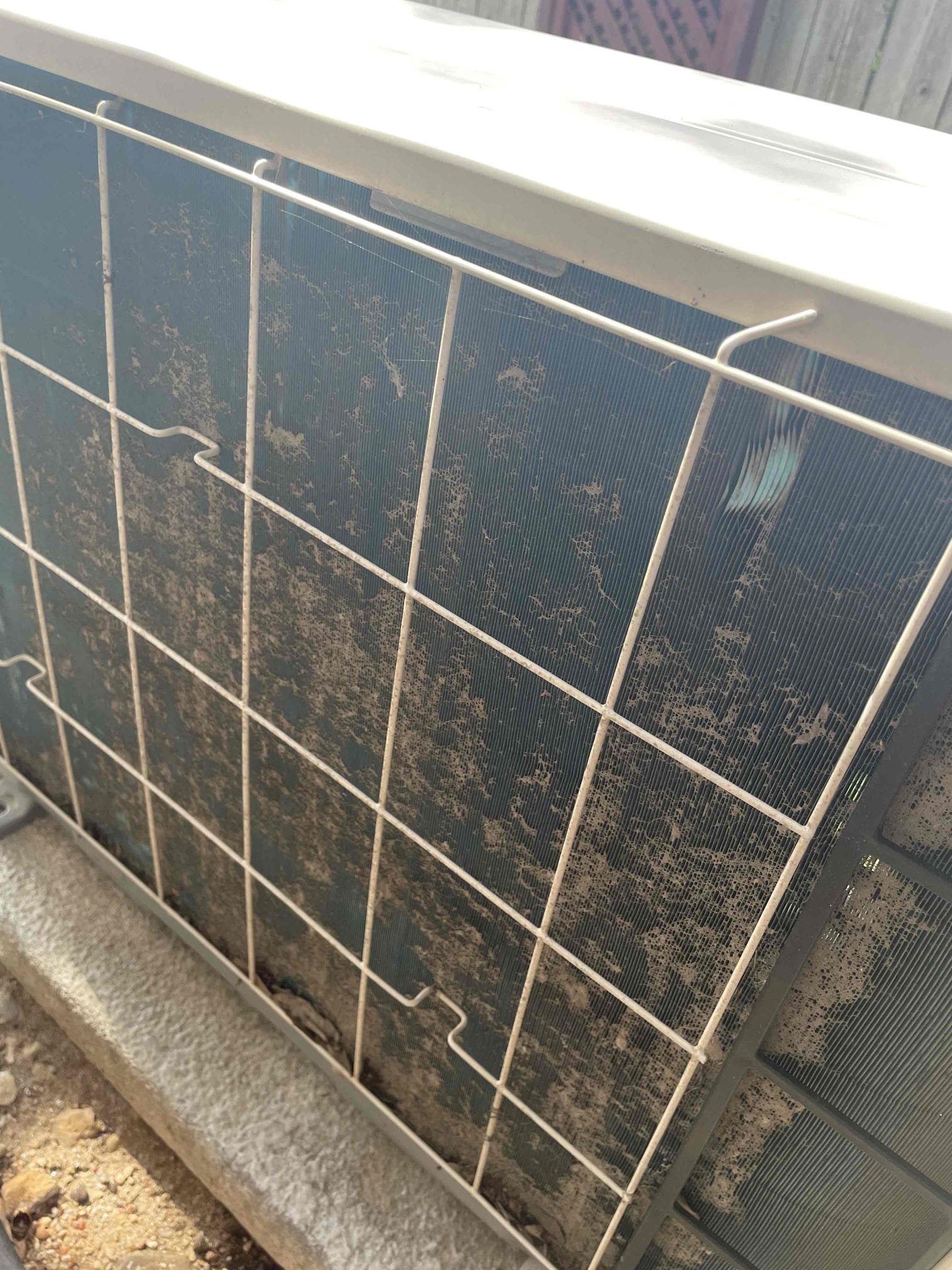 Dirty outdoor mini split condenser coil in Cedar Park